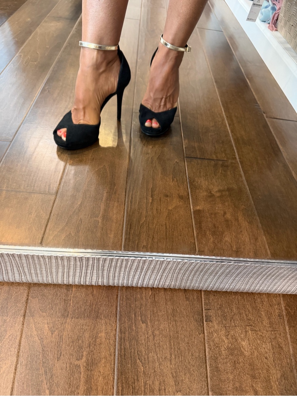 Michael Kors Black Suede Peep-Toe Heels with Gold Ankle Strap 6.5